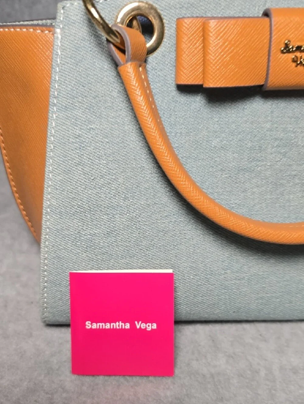 Light Blue Denim & Tan Leather Bow-Trim Satchel